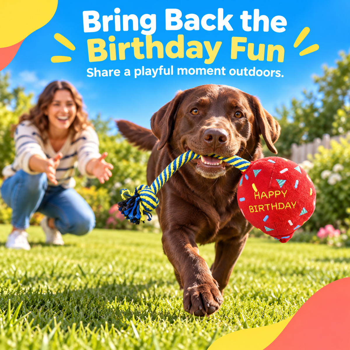 PYROEPLEEA Birthday Balloon Squeaky Plush Dog Toy with Knotted Rope and Happy Birthday Embroidery, Red, Approx. 12 in Long, Dog Birthday Gift