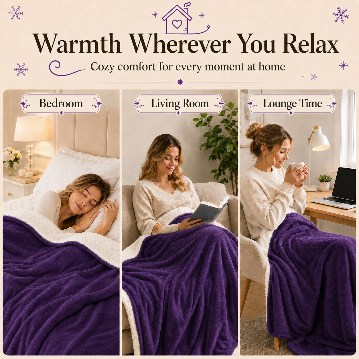 PYROEPLEEA Heated Electric Blanket Full Size 72 x 84 in, Flannel Sherpa, 6 Heat Settings, 1-12 Hr Auto Off, Machine Washable for Bed or Couch-Purple