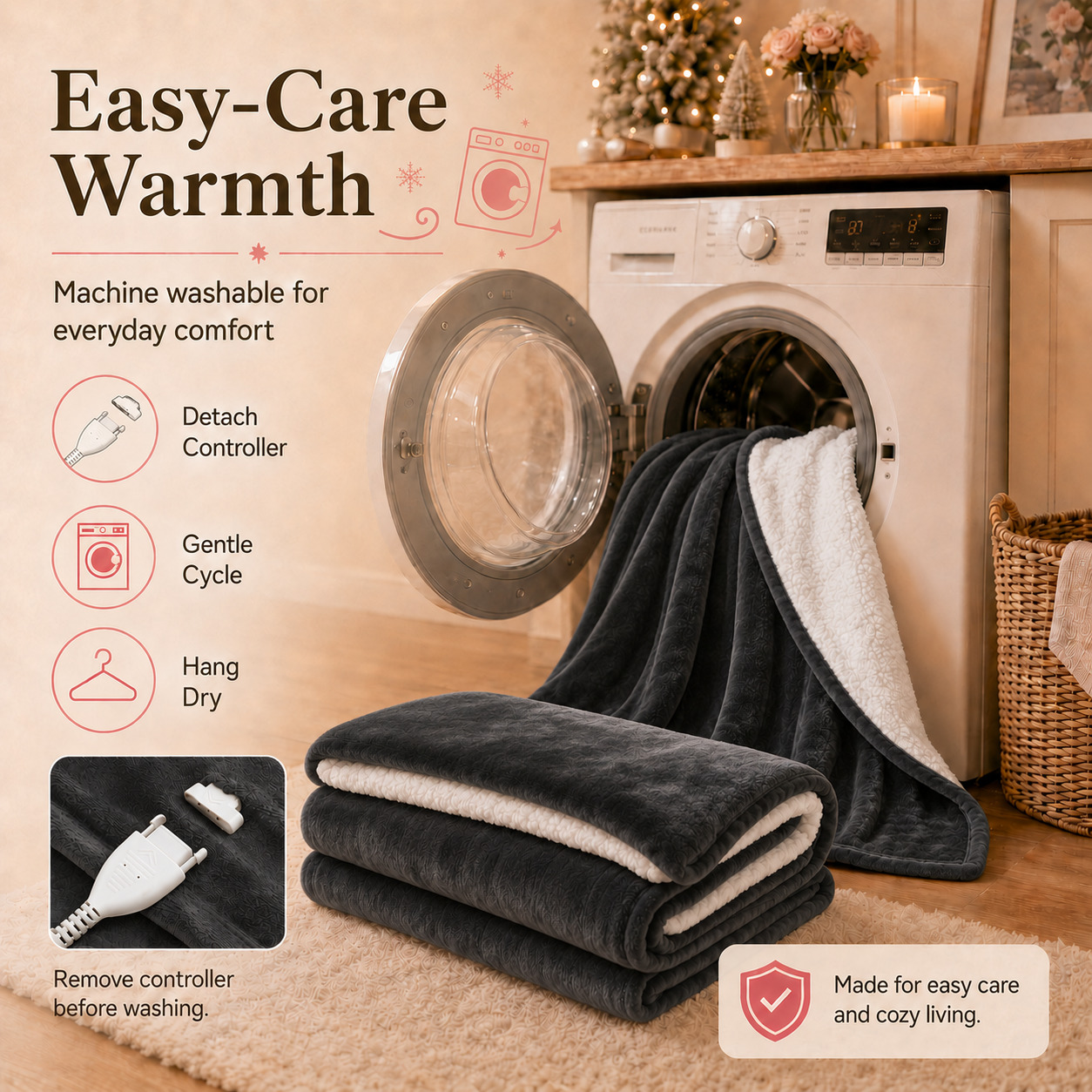 PYROEPLEEA Heated Electric Blanket Queen 84 x 90 in, Flannel Sherpa, 2 Controllers, Dual Zone, 6 Heat Settings, 1-12 Hour Auto Off, Washable-Dark Gray