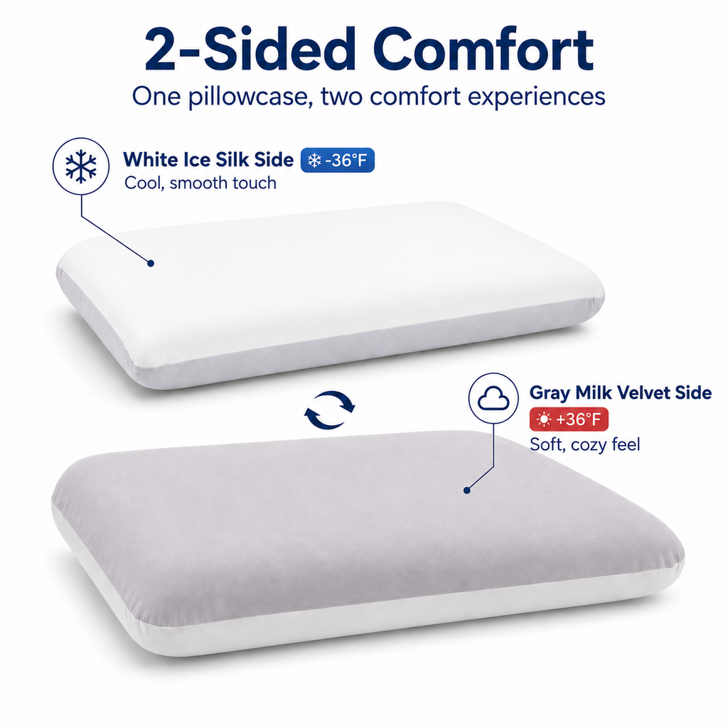 Memory Foam Pillow, 2-Sided Reversible Pillow with Cooling Knit & Milk Silk Cover, Removable Washable Pillowcase, White & Gray
