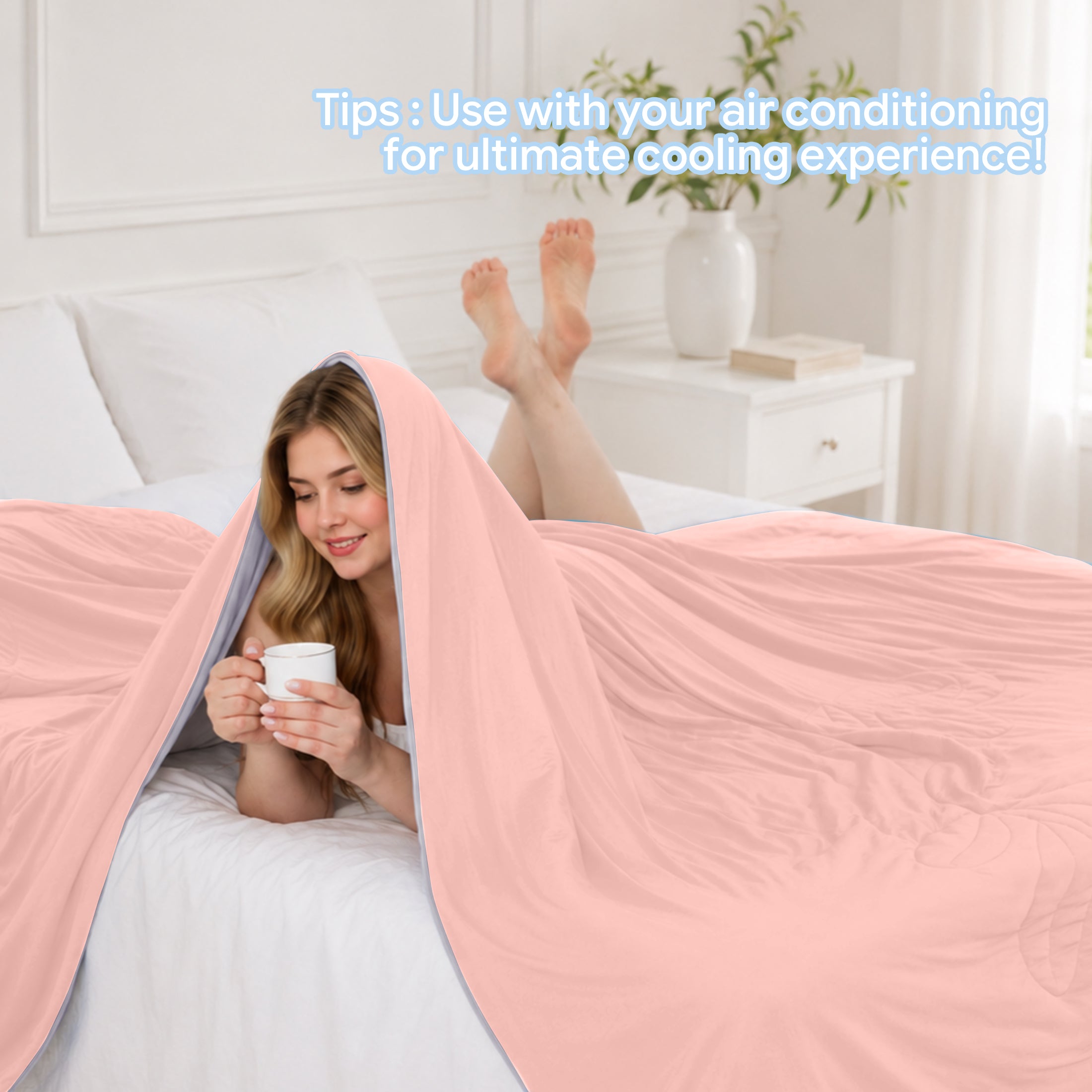 PYROEPLEEA Cooling Blanket for Hot Sleepers Queen Size (90" x 90"), Lightweight Breathable Summer Cooling Comforter for Night Sweats, Feather Pink