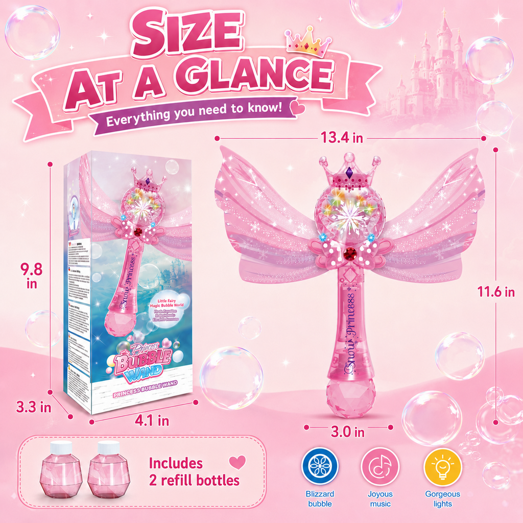 PYROEPLEEA Princess Bubble Wand for Kids, Automatic Bubble Machine with Lights & Music, 2 Bubble Solution Refills, Outdoor Party Birthday Gift, Pink