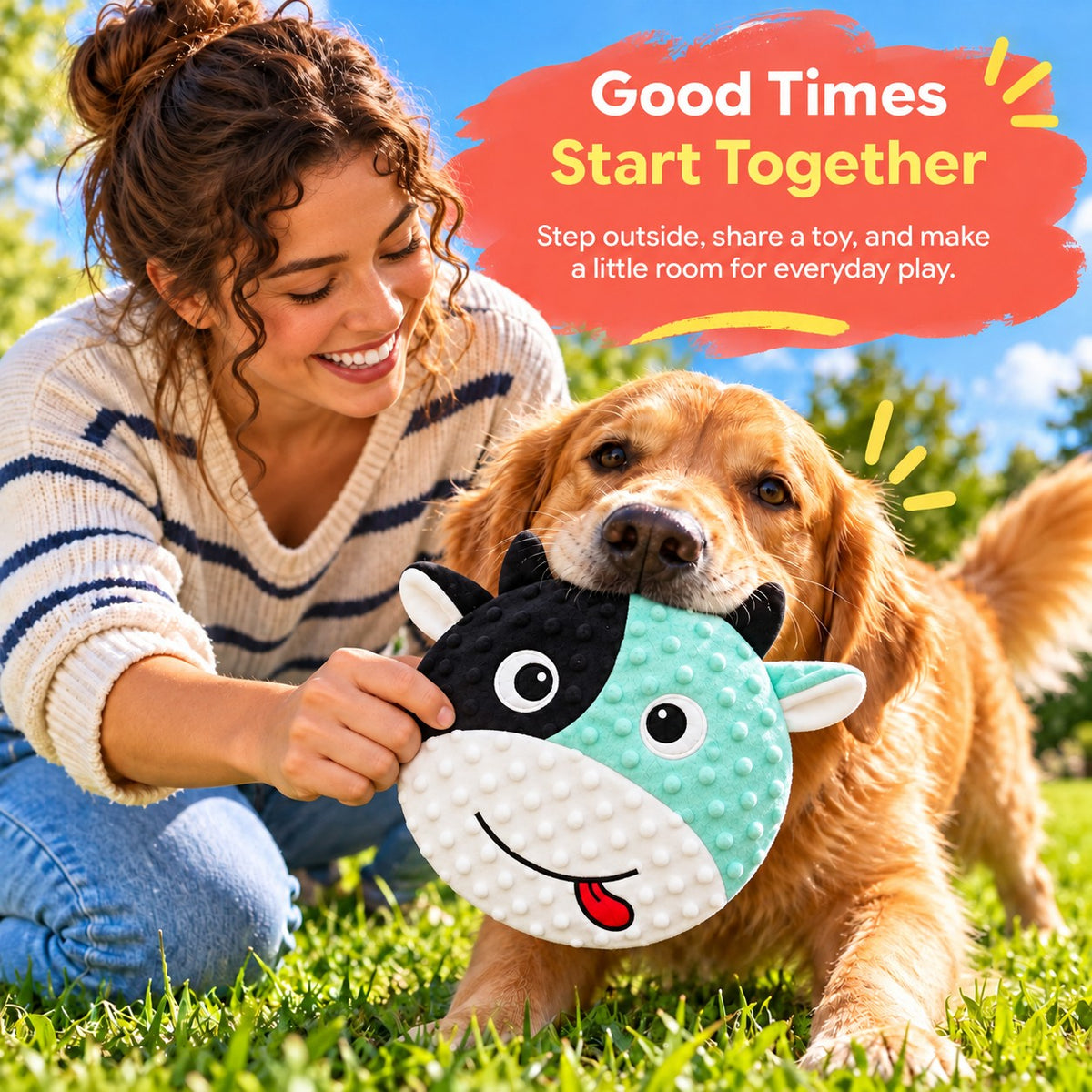 PYROEPLEEA Cow Flying Disc Dog Toy with Soft Raised-Dot Fabric and Smiling Face, Black and Mint Green, Approx. 9.5 in Wide, Fetch Toy and Dog Gift