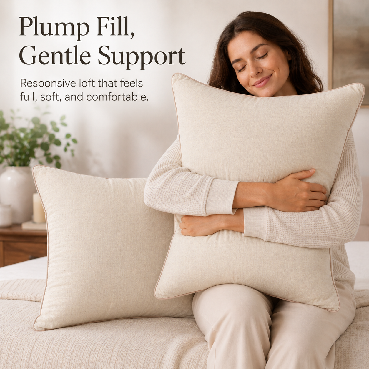 Premium Cotton Linen Pillow - Ultra Soft & Breathable, Fluffy Supportive Sleeping Pillow for All Sleep Positions, Machine Washable, Light Beige