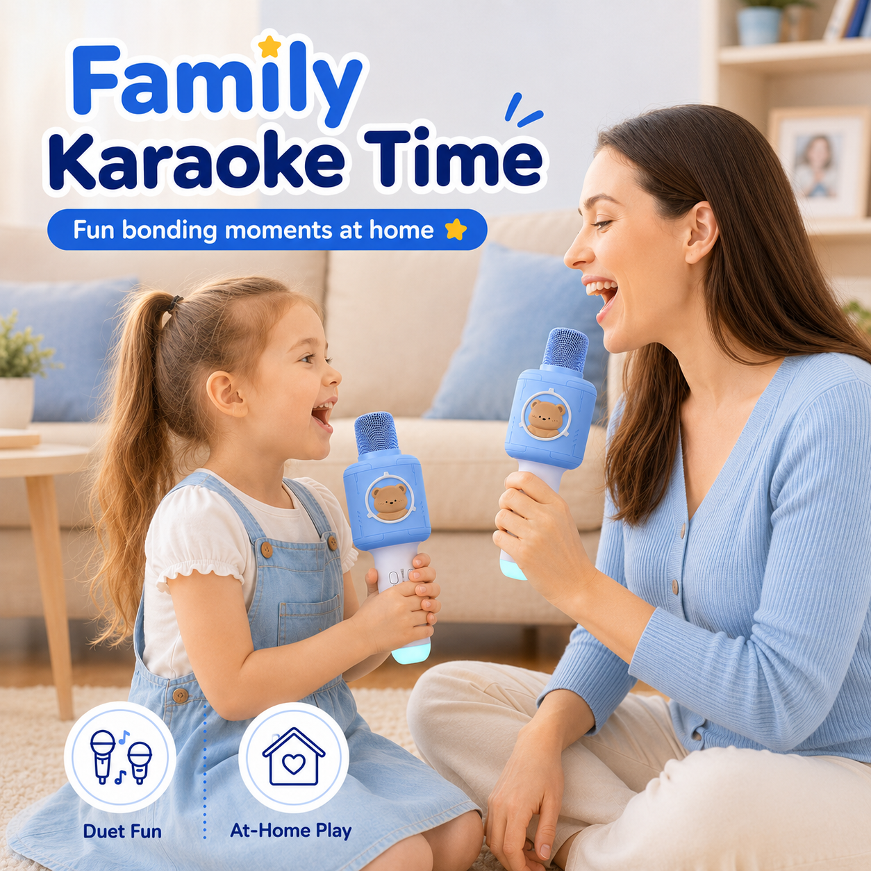 PYROEPLEEA Kids Karaoke Microphone with Bluetooth Speaker, LED Lights & Voice Changer, Portable Singing Toy for Ages 3-12, Blue