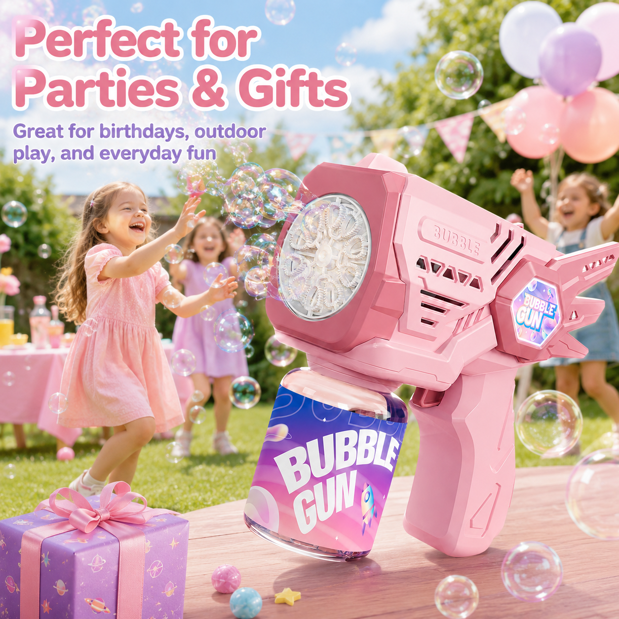 PYROEPLEEA Electric Bubble Gun, Pink 10-Hole High Output Automatic Portable Bubble Blaster, Kids Outdoor Play Toy