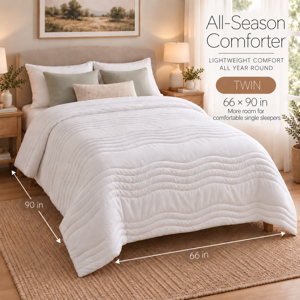 PYROEPLEEA All Season Comforter Twin 66 x 90 Inches, Ultra Soft Brushed Microfiber Down Alternative Comforter, Lightweight Wave Quilted Bedding, Machine Washable, White