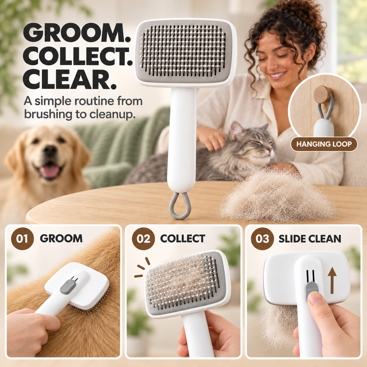 PYROEPLEEA Self-Cleaning Slicker Brush for Dogs and Cats, Push-Button Pet Grooming Tool, White, 1 Count