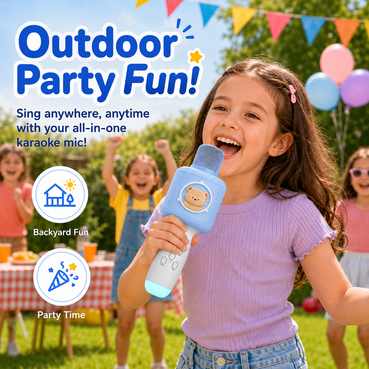 PYROEPLEEA Kids Karaoke Microphone with Bluetooth Speaker, LED Lights & Voice Changer, Portable Singing Toy for Ages 3-12, Blue