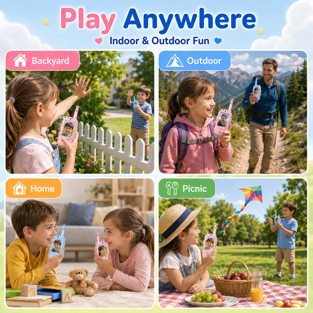 PYROEPLEEA Video Walkie Talkies for Kids 2 Pack, Rechargeable Long Range Two Way Radios with Screen, Camera & Voice Changer, Outdoor Toys