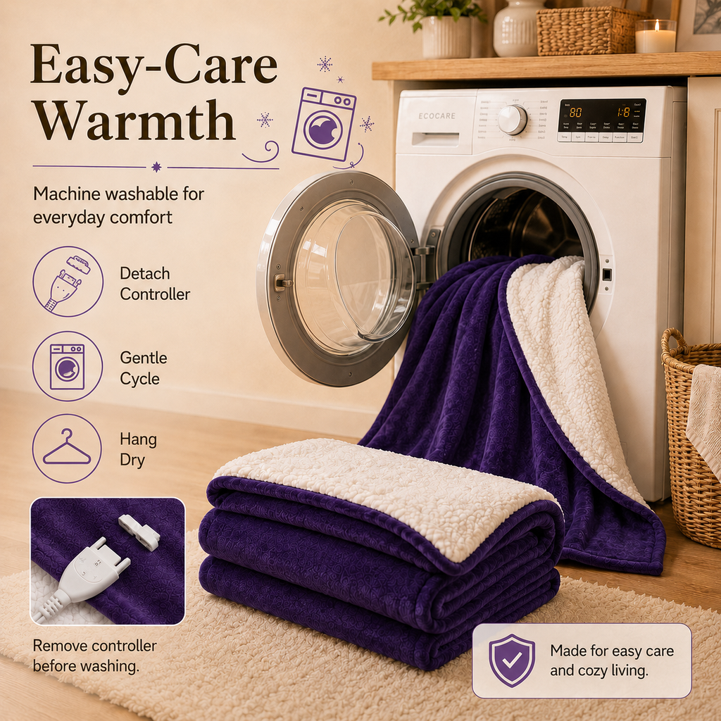 PYROEPLEEA Heated Electric Blanket Full Size 72 x 84 in, Flannel Sherpa, 6 Heat Settings, 1-12 Hr Auto Off, Machine Washable for Bed or Couch-Purple