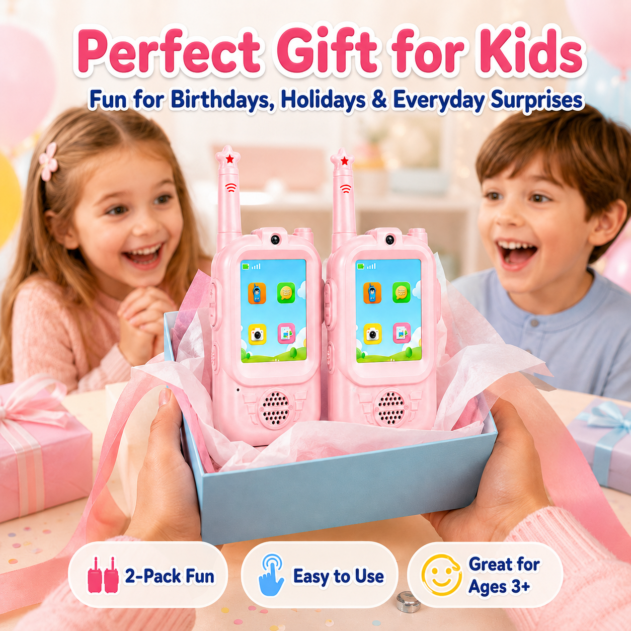 PYROEPLEEA Video Walkie Talkies for Kids 2 Pack, Rechargeable Long Range Two Way Radios with Screen, Camera & Voice Changer, Outdoor Toys, Pink