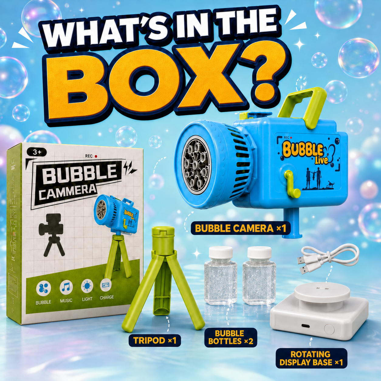 PYROEPLEEA Bubble Camera Machine for Kids Ages 3+, Rechargeable Automatic Bubble Blower with Lights & Music, Tripod, 360° Rotating Base, 2 Bottles, Blue