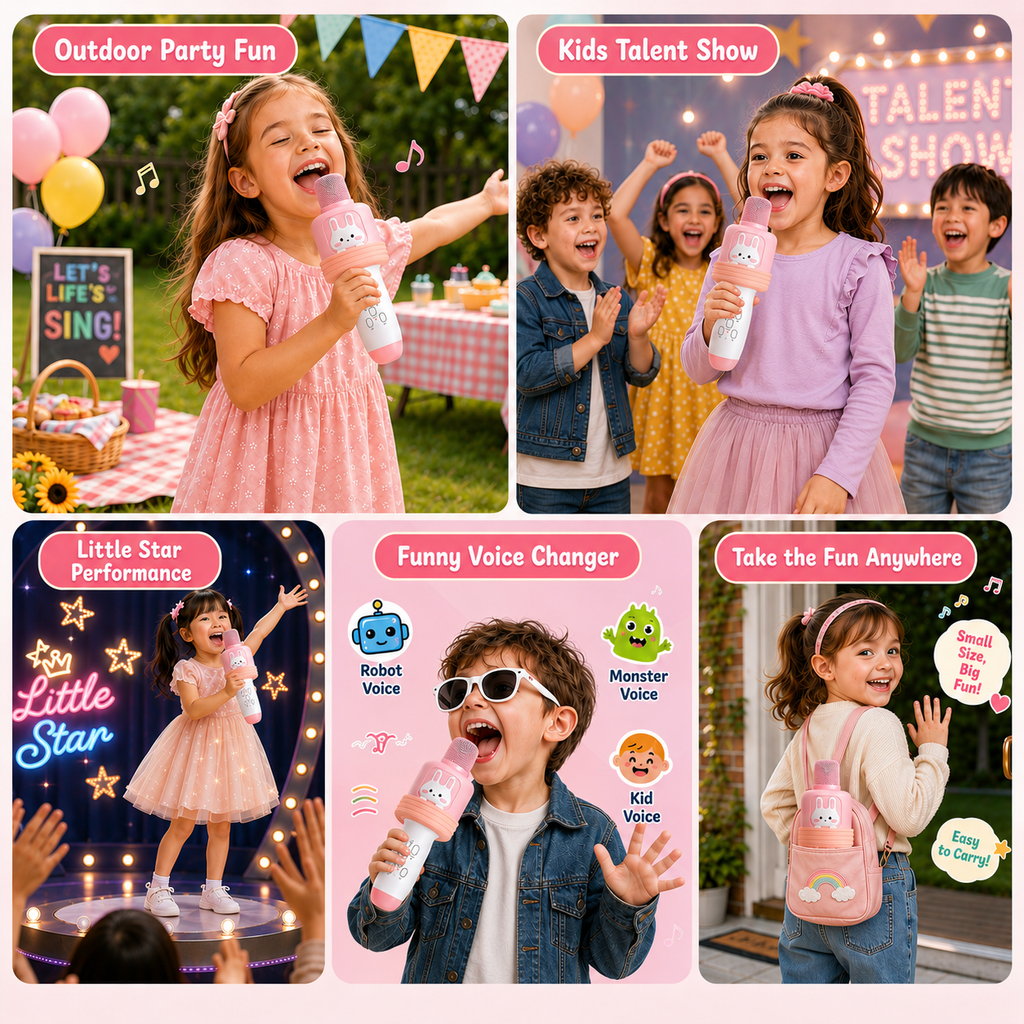 Kids Karaoke Microphone with Bluetooth Speaker, LED Lights Singing Toy with Voice Changer Effects, All-in-One Portable Karaoke Microphone for Girls and Boys Ages 3-12, Birthday Party Gift, Pink