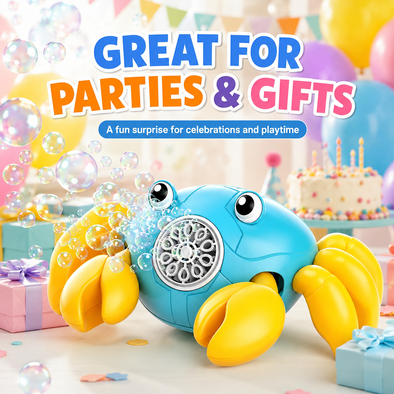 PYROEPLEEA Crab Bubble Machine for Kids, USB Rechargeable Automatic Bubble Maker with LED Lights, 2 Bubble Bottles, Outdoor Toy, Ages 3 and Up, Blue