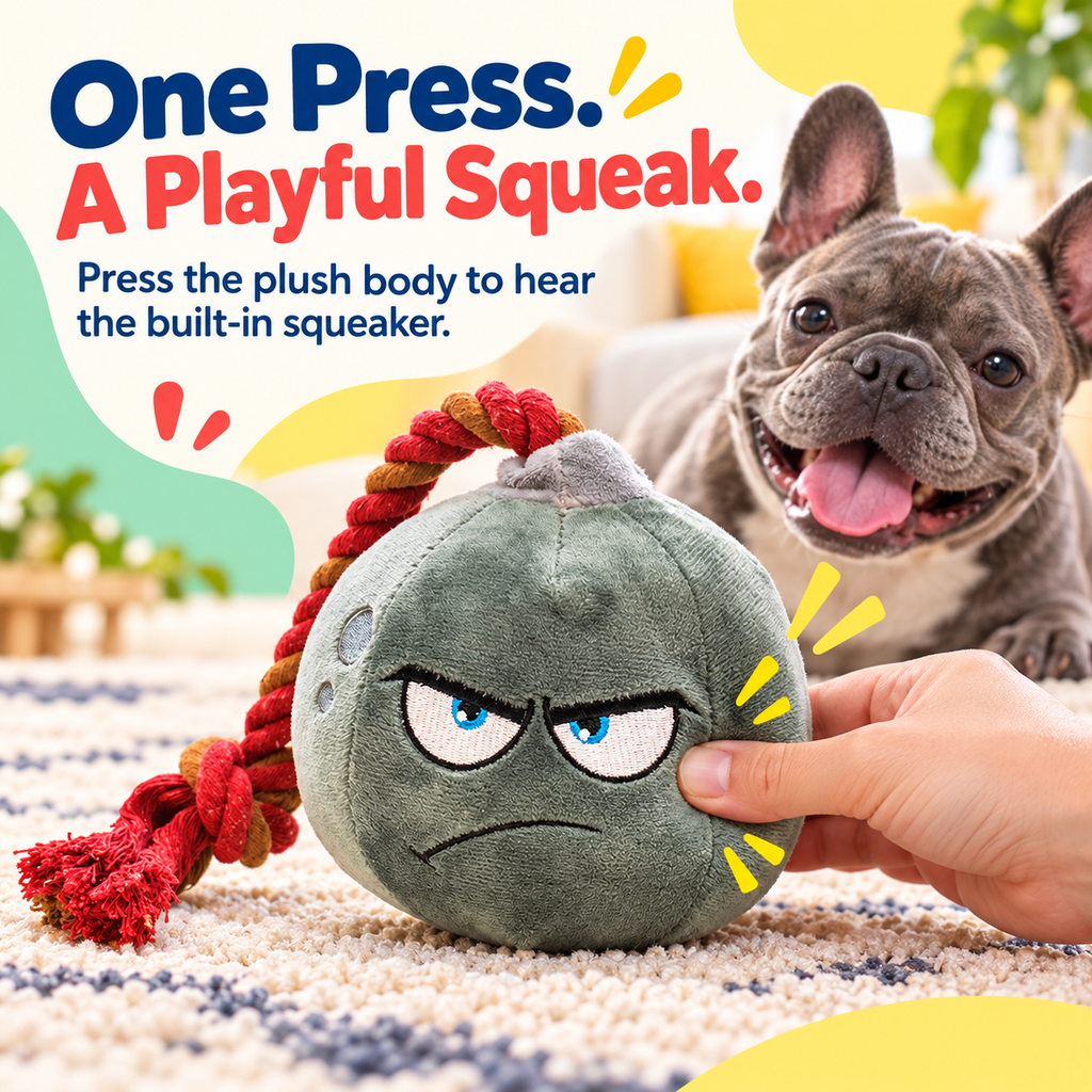 PYROEPLEEA Cartoon Bomb Squeaky Plush Dog Toy with Angry Face and Knotted RopeFuse, Green, Approx. 5 in Wide, Dog Birthday and Holiday Gift