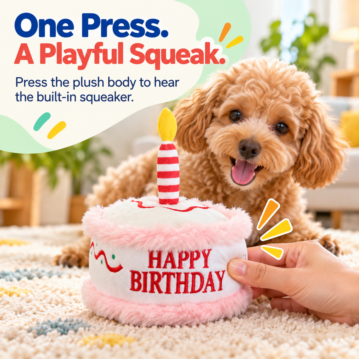 PYROEPLEEA Birthday Cake Squeaky Plush Dog Toy with Candle and Happy Birthday  Embroidery, Pink, Approx. 6 in Wide, Dog Birthday Gift