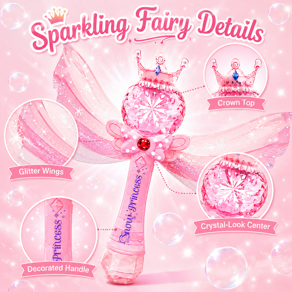 PYROEPLEEA Princess Bubble Wand for Kids, Automatic Bubble Machine with Lights & Music, 2 Bubble Solution Refills, Outdoor Party Birthday Gift, Pink