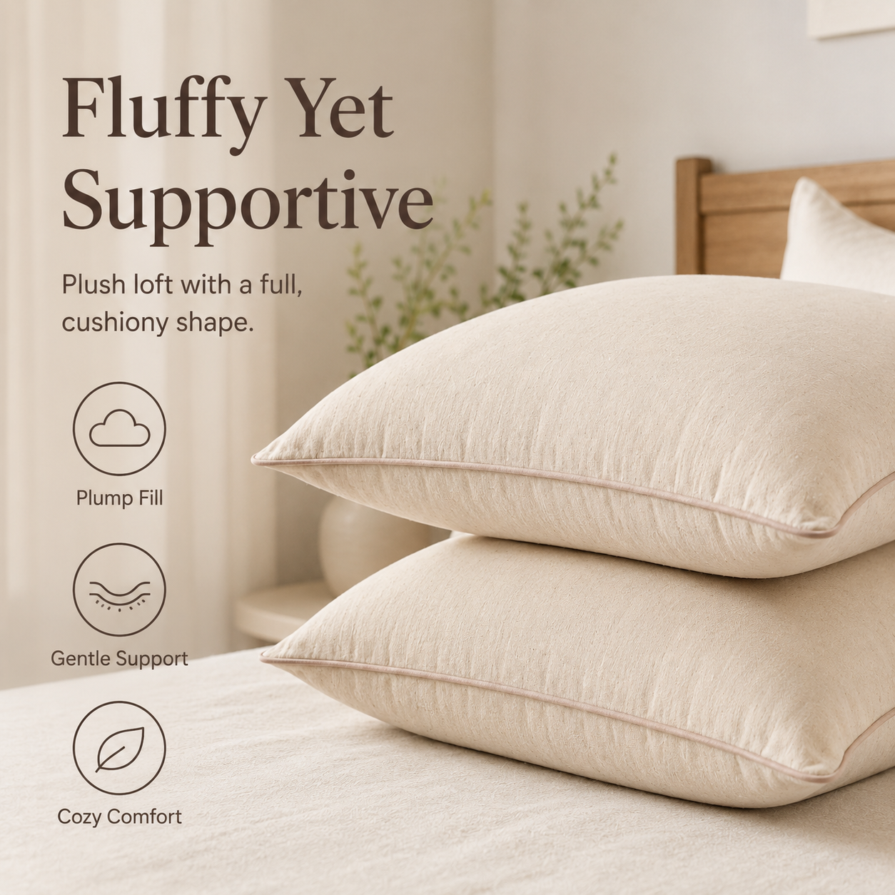 Premium Cotton Linen Pillow - Ultra Soft & Breathable, Fluffy Supportive Sleeping Pillow for All Sleep Positions, Machine Washable, Light Beige