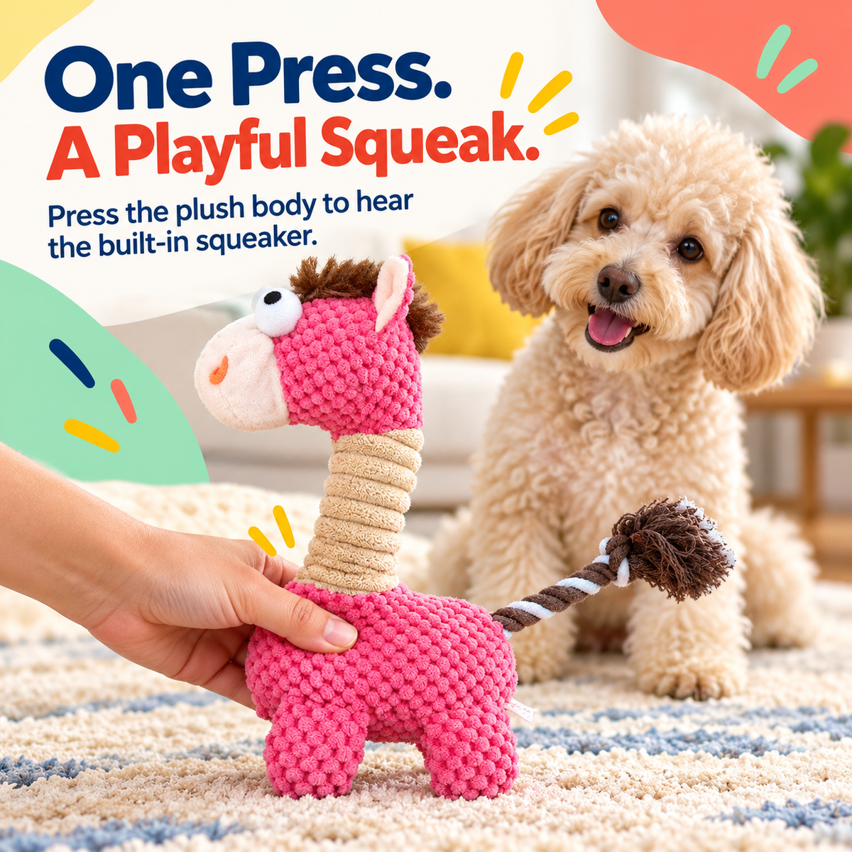 PYROEPLEEA Horse Squeaky Plush Dog Toy with Textured Fabric, Soft Mane and Rope Tail, Pink, Approx. 11 in Tall, Dog Birthday and Holiday Gift