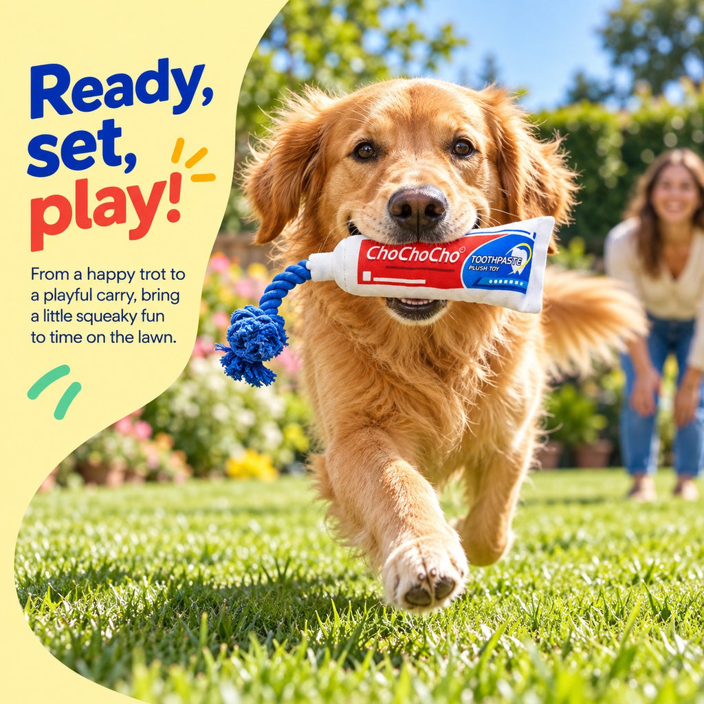 PYROEPLEEA Toothpaste Tube Squeaky Dog Toy with Colorful Printed Fabric and Blue Knotted Rope, Approx. 12 in Long, Funny Dog Birthday Gift
