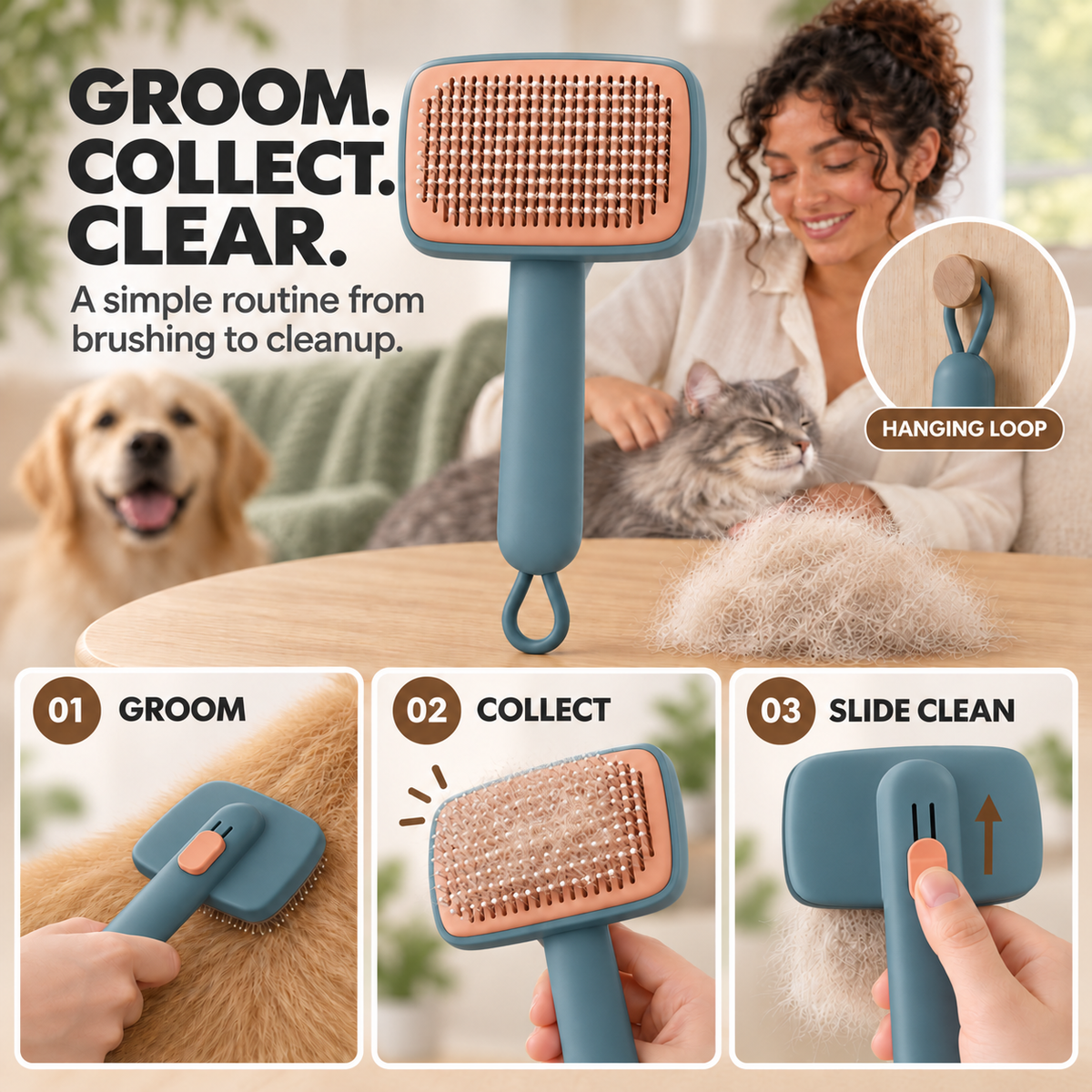 PYROEPLEEA Self-Cleaning Slicker Brush for Dogs and Cats, Push-Button Pet Grooming Tool, Green, 1 Count