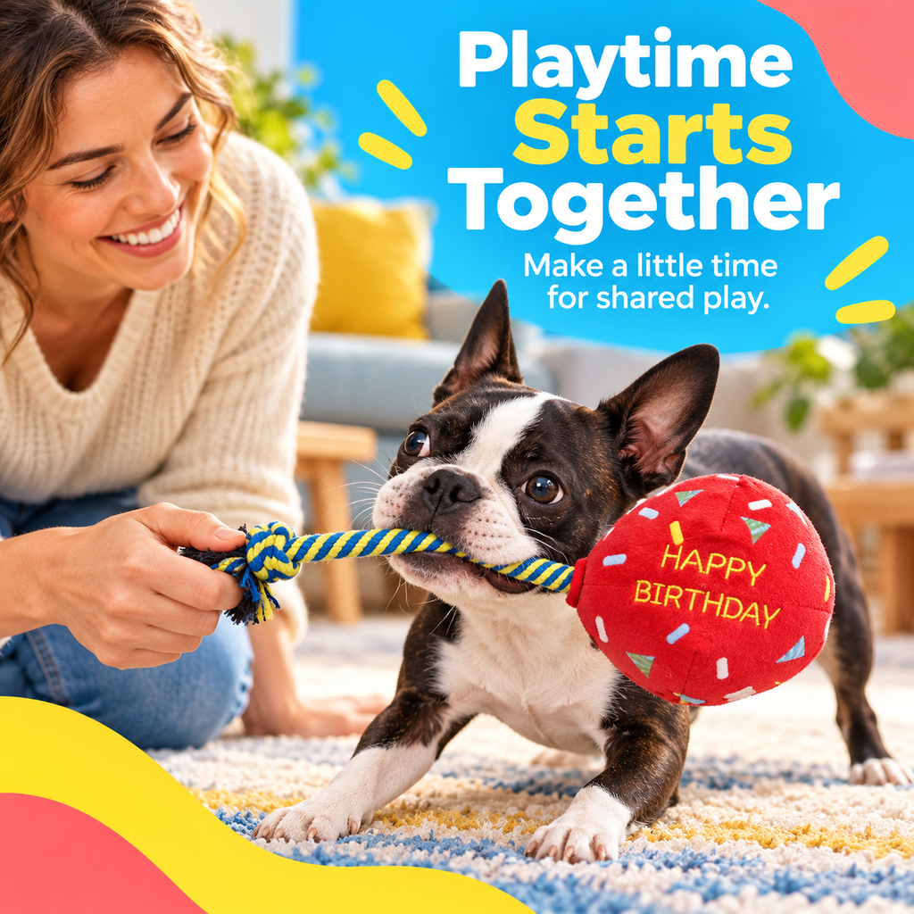 PYROEPLEEA Birthday Balloon Squeaky Plush Dog Toy with Knotted Rope and Happy Birthday Embroidery, Red, Approx. 12 in Long, Dog Birthday Gift
