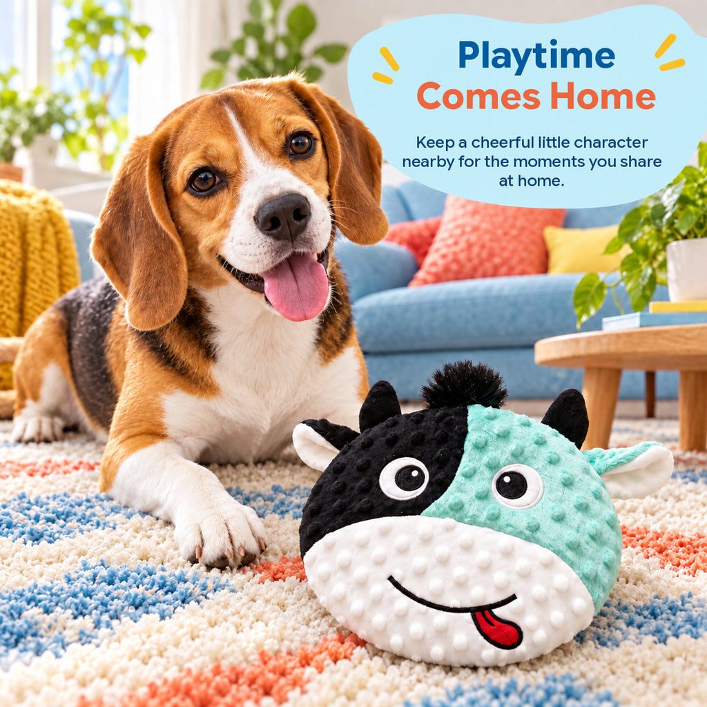 PYROEPLEEA Cow Flying Disc Dog Toy with Soft Raised-Dot Fabric and Smiling Face, Black and Mint Green, Approx. 9.5 in Wide, Fetch Toy and Dog Gift