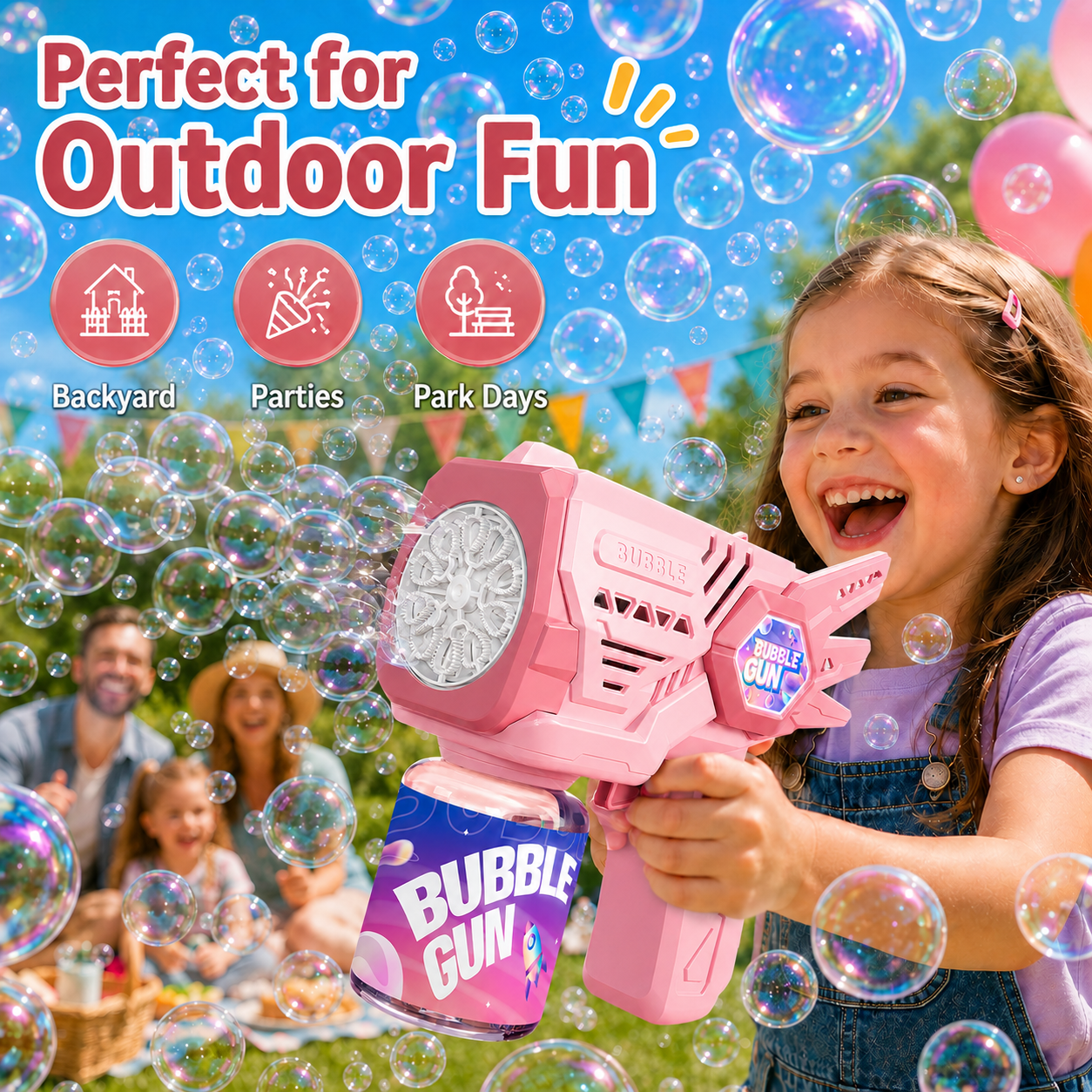 PYROEPLEEA Electric Bubble Gun, Pink 10-Hole High Output Automatic Portable Bubble Blaster, Kids Outdoor Play Toy