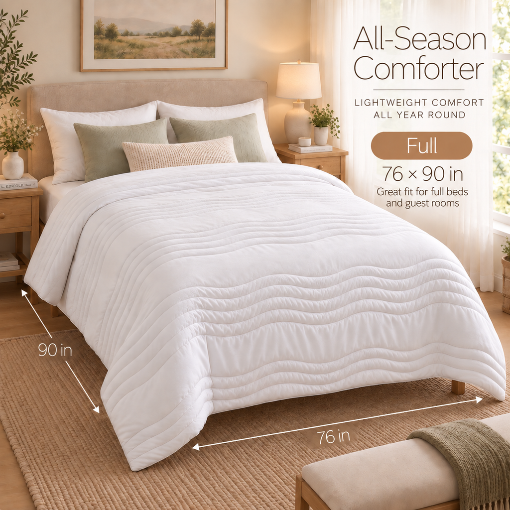 PYROEPLEEA All Season Comforter Full 76 x 90 Inches, Ultra Soft Brushed Microfiber Down Alternative Comforter, Lightweight Wave Quilted Bedding, Machine Washable, White