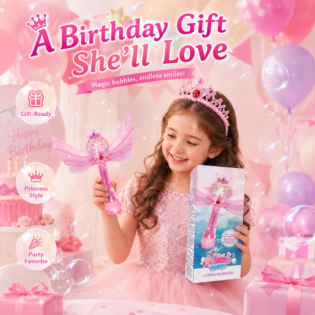 PYROEPLEEA Princess Bubble Wand for Kids, Automatic Bubble Machine with Lights & Music, 2 Bubble Solution Refills, Outdoor Party Birthday Gift, Pink