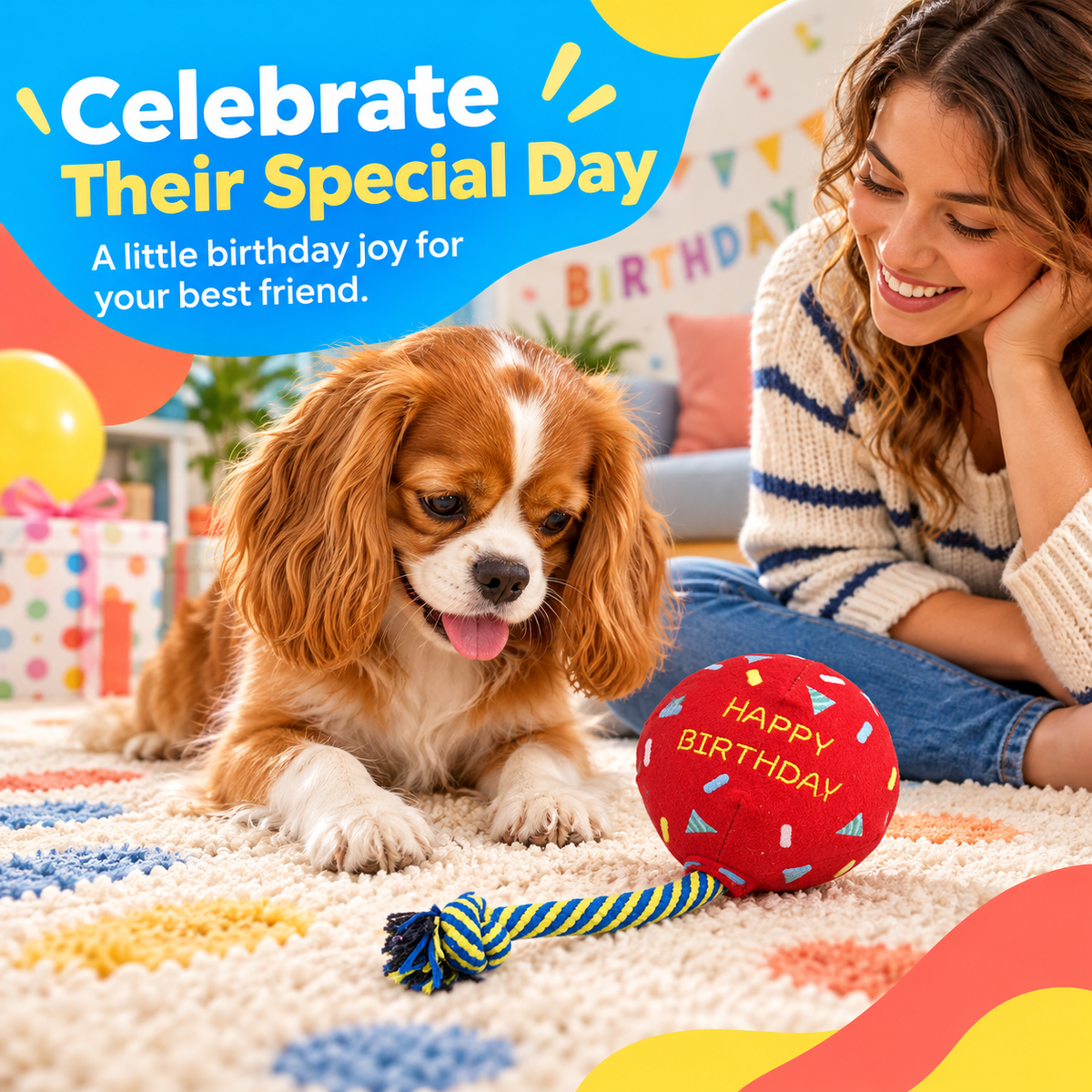 PYROEPLEEA Birthday Balloon Squeaky Plush Dog Toy with Knotted Rope and Happy Birthday Embroidery, Red, Approx. 12 in Long, Dog Birthday Gift