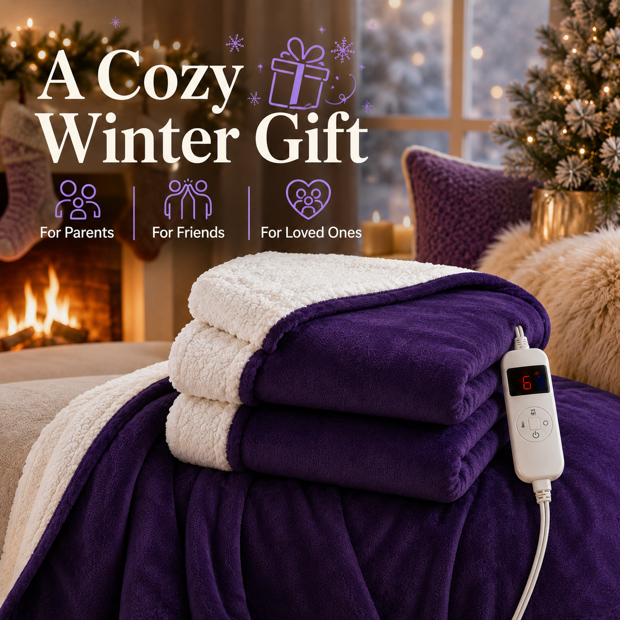 PYROEPLEEA Heated Electric Blanket Full Size 72 x 84 in, Flannel Sherpa, 6 Heat Settings, 1-12 Hr Auto Off, Machine Washable for Bed or Couch-Purple