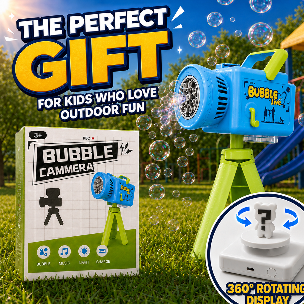 PYROEPLEEA Bubble Camera Machine for Kids Ages 3+, Rechargeable Automatic Bubble Blower with Lights & Music, Tripod, 360° Rotating Base, 2 Bottles, Blue