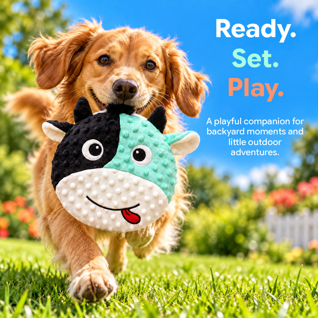 PYROEPLEEA Cow Flying Disc Dog Toy with Soft Raised-Dot Fabric and Smiling Face, Black and Mint Green, Approx. 9.5 in Wide, Fetch Toy and Dog Gift
