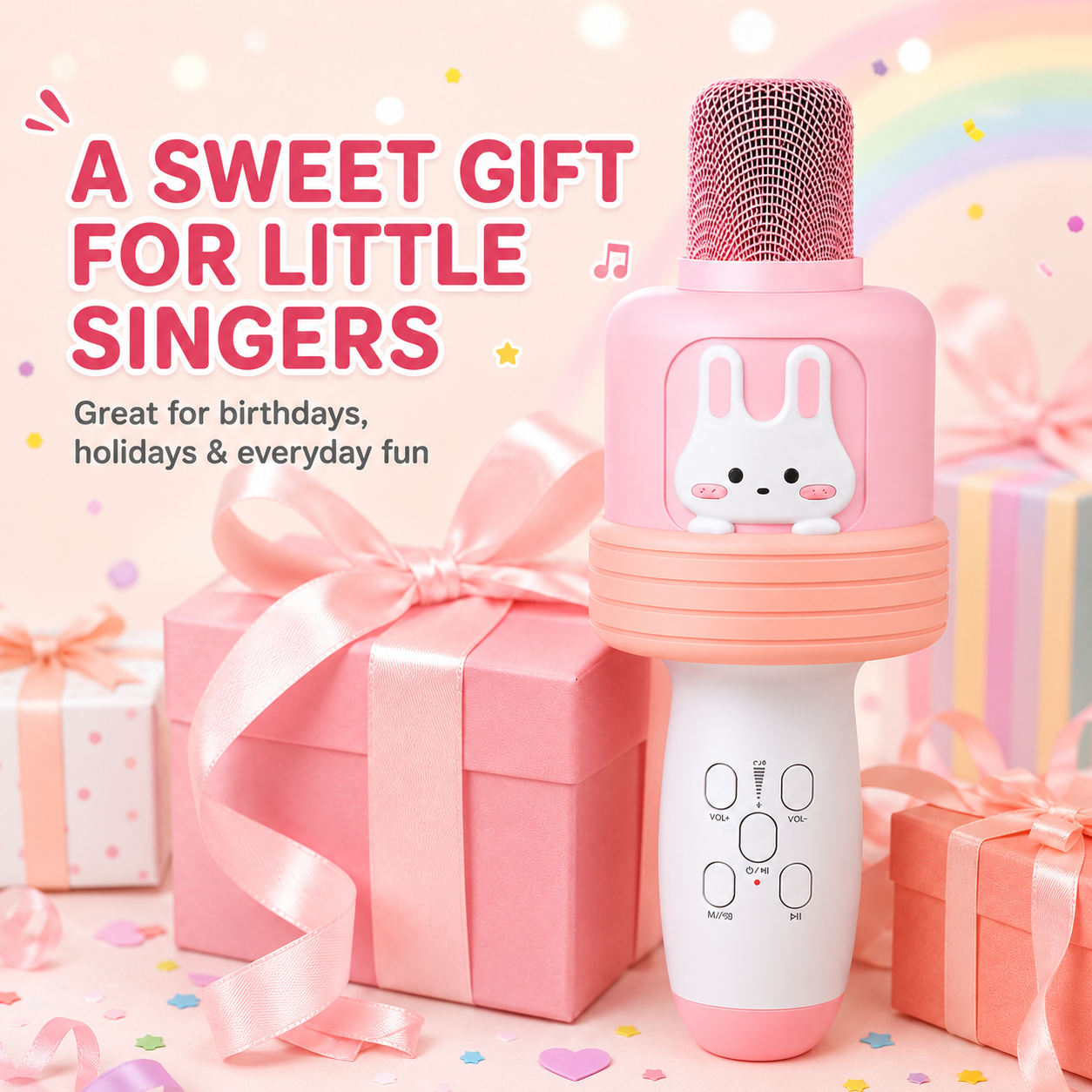 Kids Karaoke Microphone with Bluetooth Speaker, LED Lights Singing Toy with Voice Changer Effects, All-in-One Portable Karaoke Microphone for Girls and Boys Ages 3-12, Birthday Party Gift, Pink