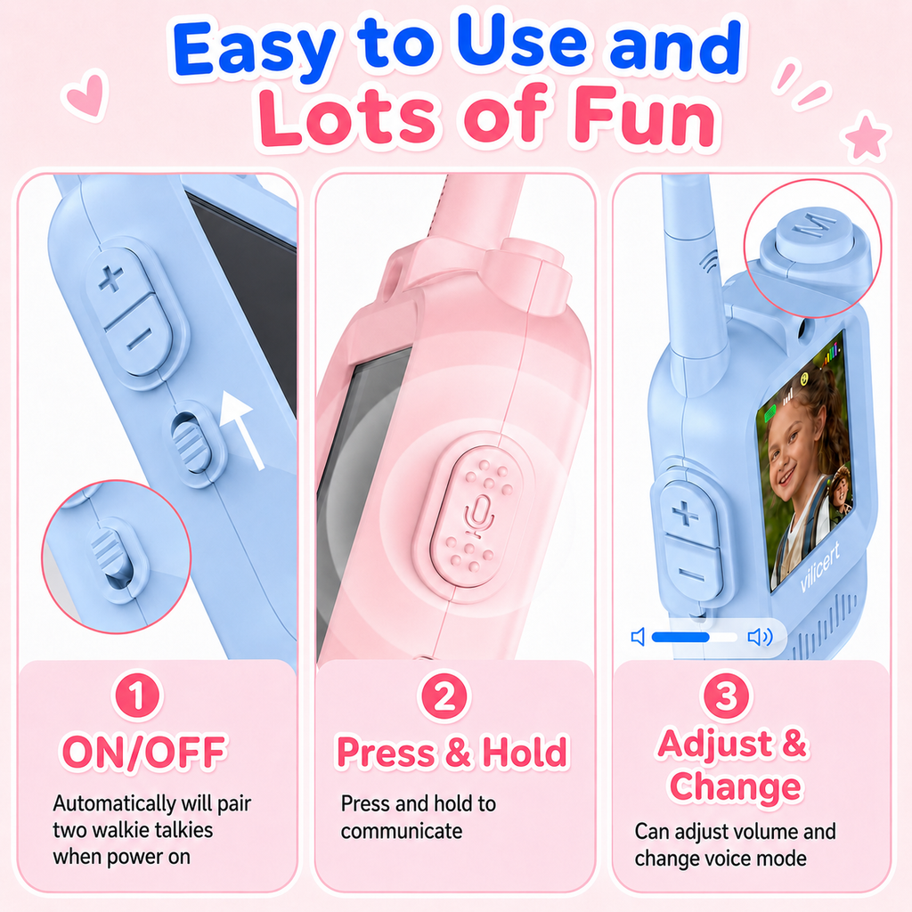 PYROEPLEEA Video Walkie Talkies for Kids 2 Pack, Rechargeable Long Range Two Way Radios with Screen, Camera & Voice Changer, Outdoor Toys