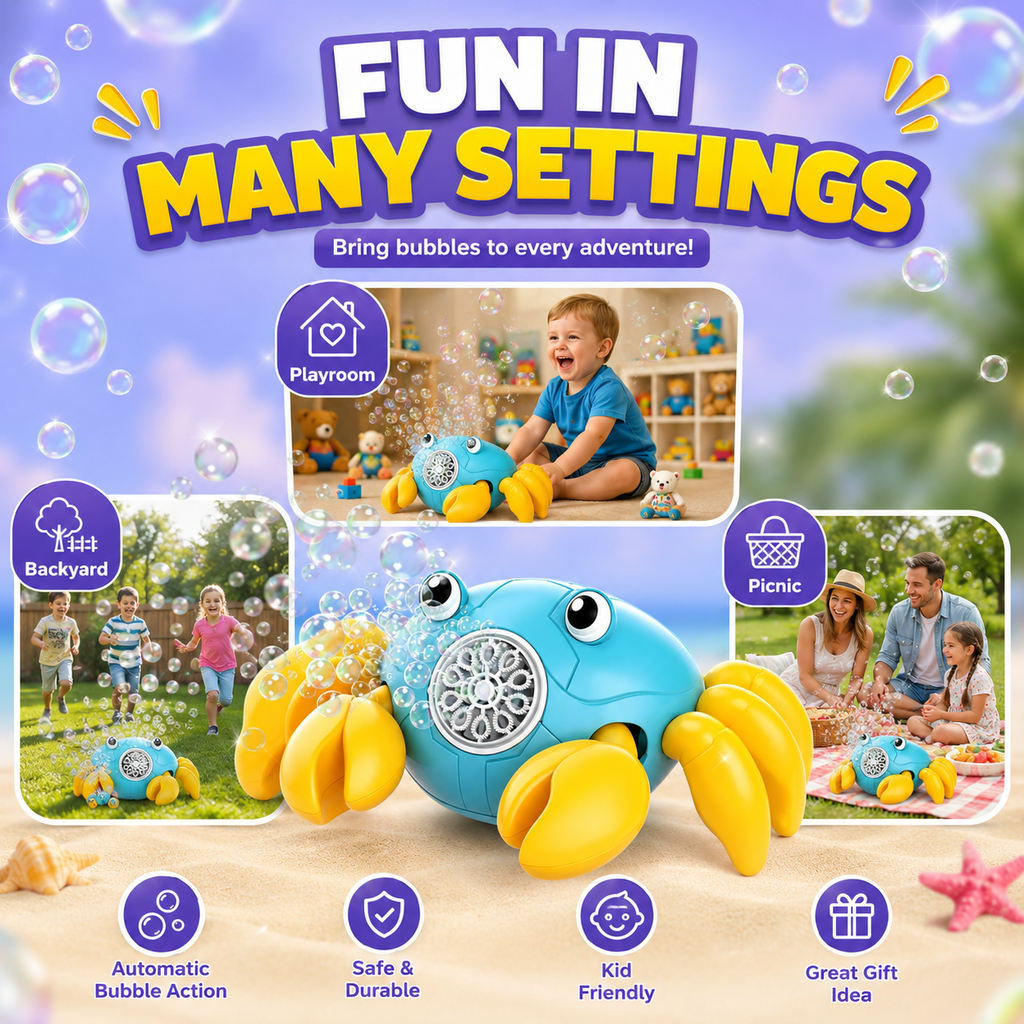 PYROEPLEEA Crab Bubble Machine for Kids, USB Rechargeable Automatic Bubble Maker with LED Lights, 2 Bubble Bottles, Outdoor Toy, Ages 3 and Up, Blue