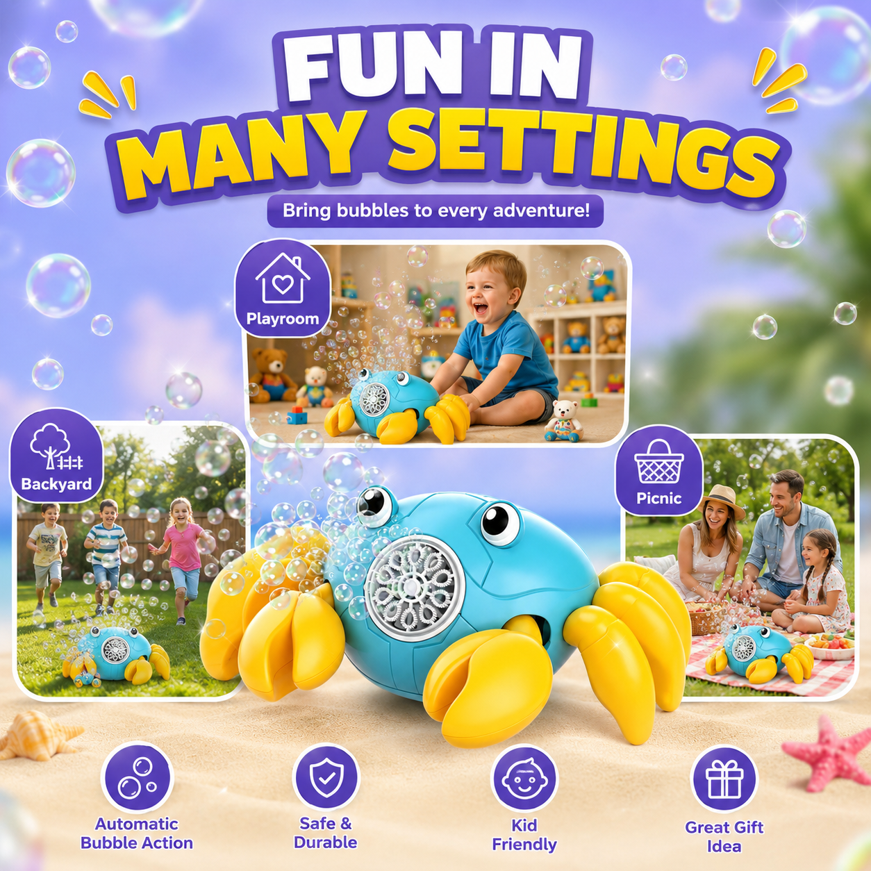 PYROEPLEEA Crab Bubble Machine for Kids, USB Rechargeable Automatic Bubble Maker with LED Lights, 2 Bubble Bottles, Outdoor Toy, Ages 3 and Up, Blue