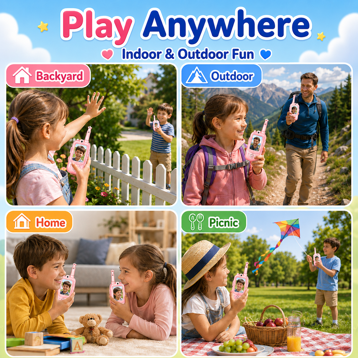 PYROEPLEEA Video Walkie Talkies for Kids 2 Pack, Rechargeable Long Range Two Way Radios with Screen, Camera & Voice Changer, Outdoor Toys, Pink