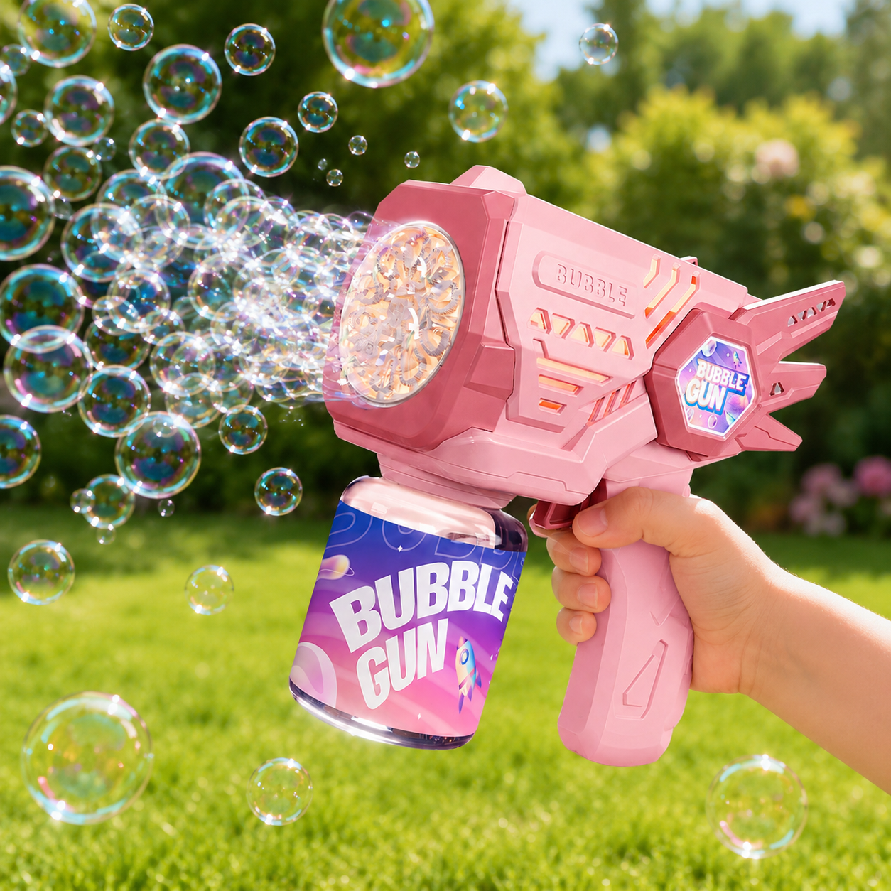 PYROEPLEEA Electric Bubble Gun, Pink 10-Hole High Output Automatic Portable Bubble Blaster, Kids Outdoor Play Toy