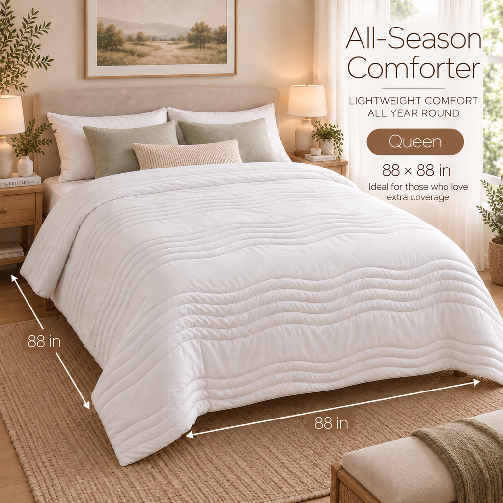 PYROEPLEEA All Season Comforter Queen 88 x 88 Inches, Ultra Soft Brushed Microfiber Down Alternative Comforter, Lightweight Wave Quilted Bedding, Machine Washable, White