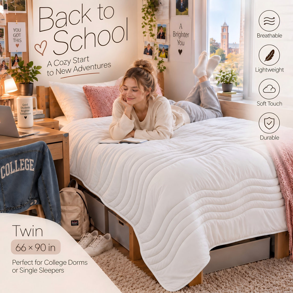 PYROEPLEEA All Season Comforter Twin 66 x 90 Inches, Ultra Soft Brushed Microfiber Down Alternative Comforter, Lightweight Wave Quilted Bedding, Machine Washable, White