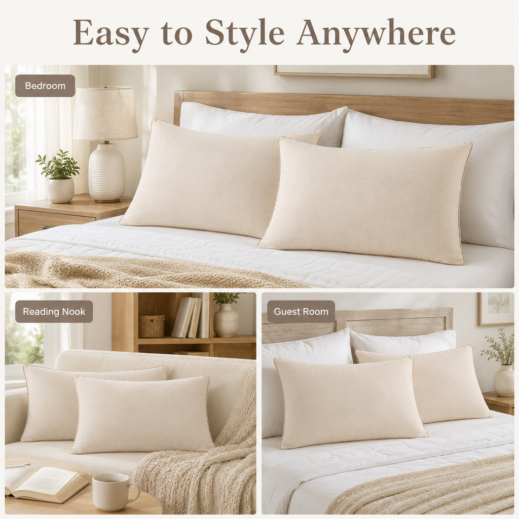 Premium Cotton Linen Pillow - Ultra Soft & Breathable, Fluffy Supportive Sleeping Pillow for All Sleep Positions, Machine Washable, Light Beige