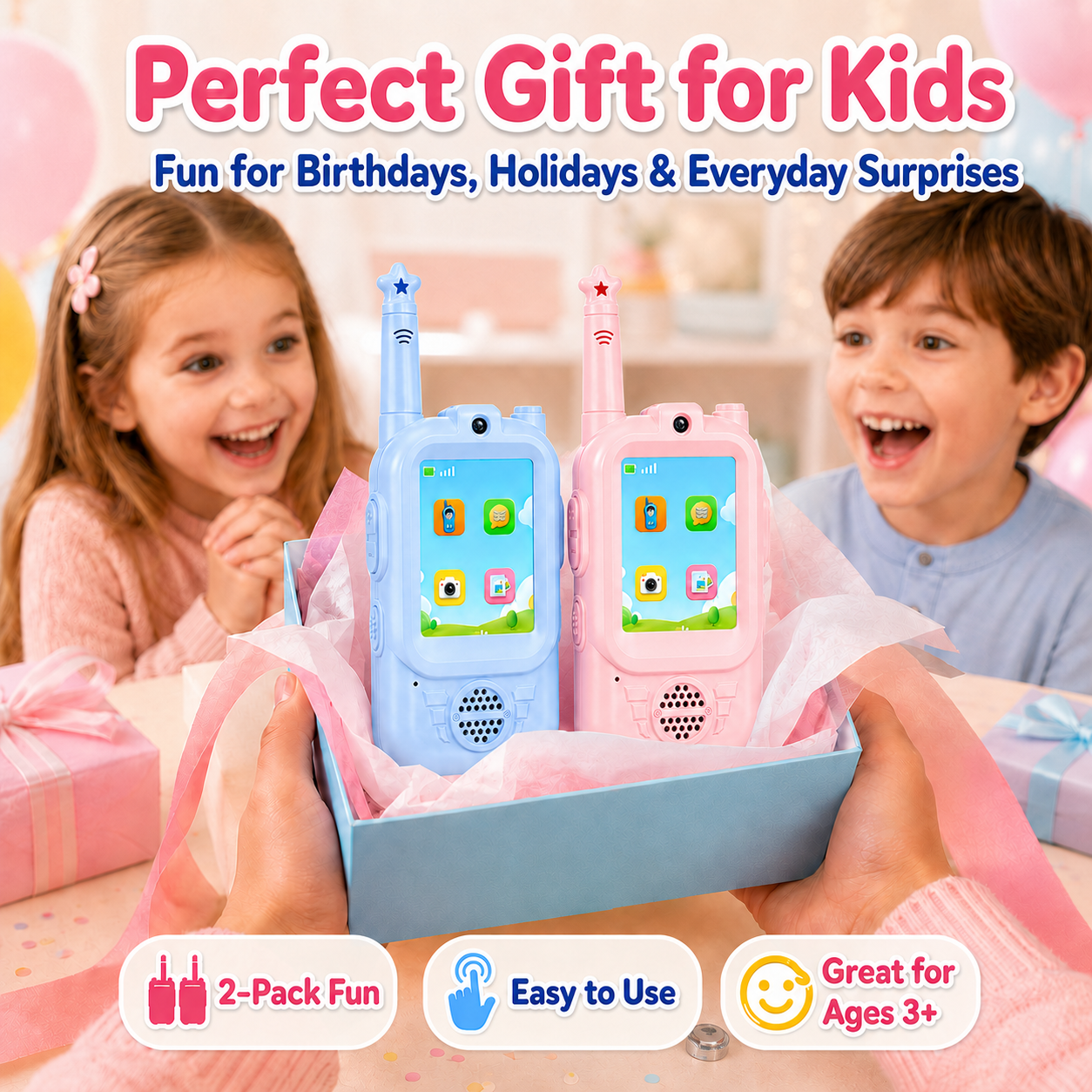 PYROEPLEEA Video Walkie Talkies for Kids 2 Pack, Rechargeable Long Range Two Way Radios with Screen, Camera & Voice Changer, Outdoor Toys