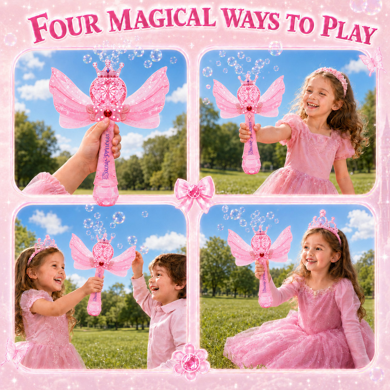 PYROEPLEEA Princess Bubble Wand for Kids, Automatic Bubble Machine with Lights & Music, 2 Bubble Solution Refills, Outdoor Party Birthday Gift, Pink