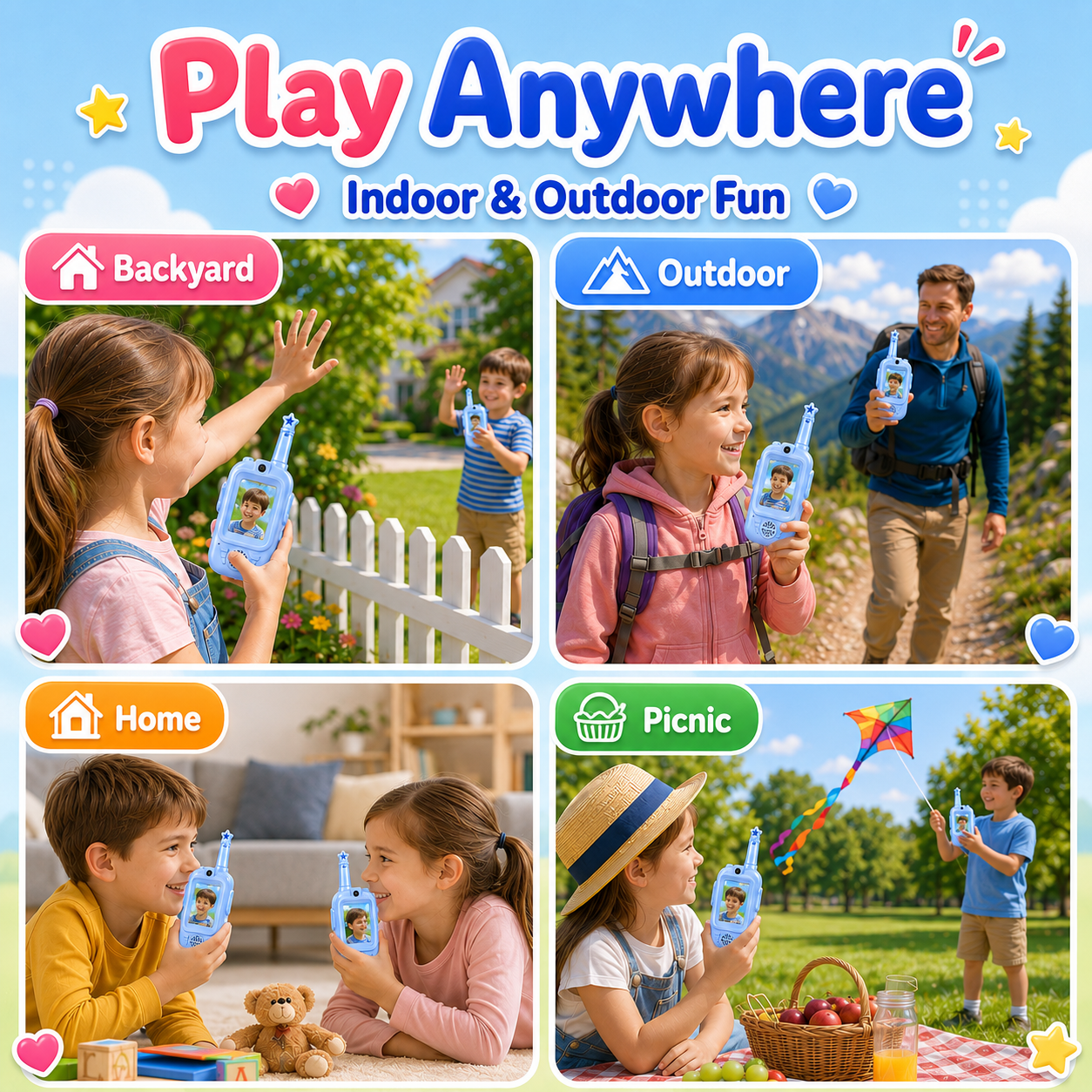 PYROEPLEEA Video Walkie Talkies for Kids 2 Pack, Rechargeable Long Range Two Way Radios with Screen, Camera & Voice Changer, Outdoor Toys, Blue