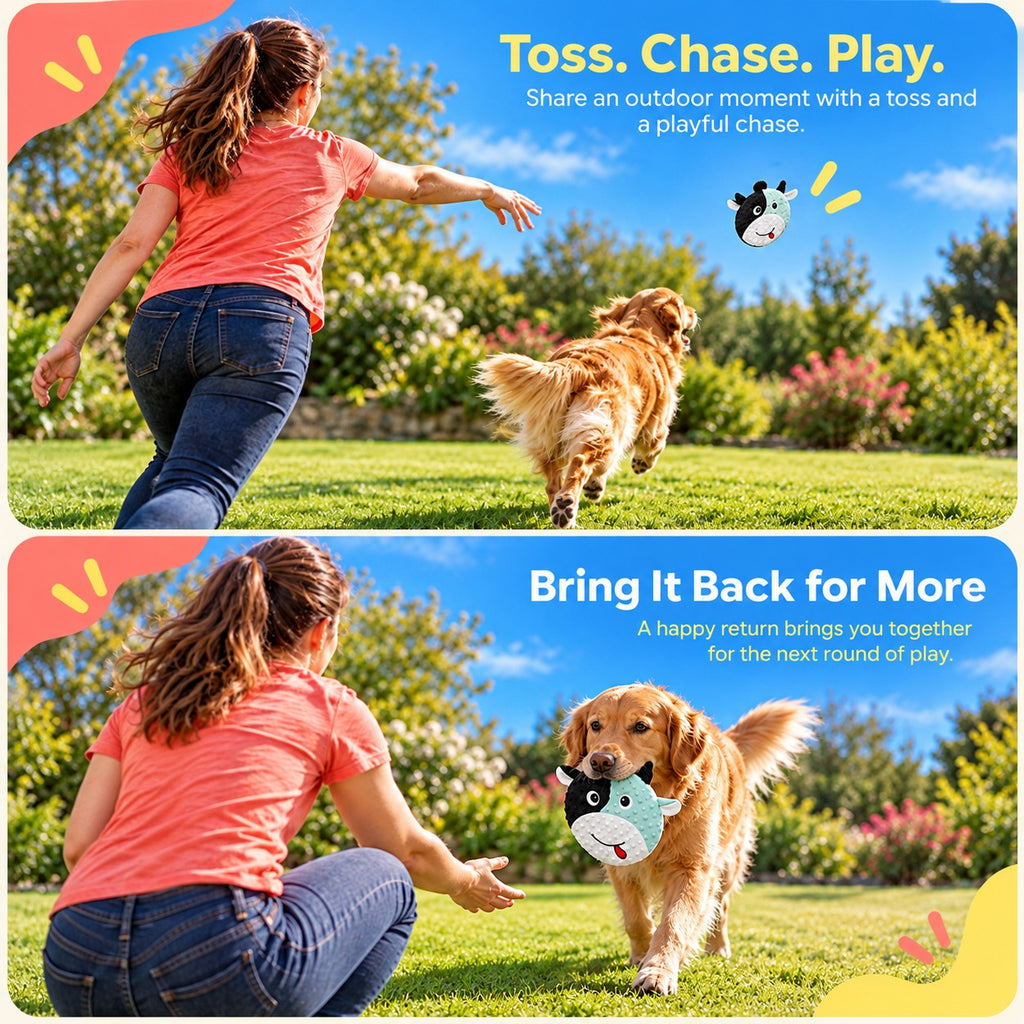 PYROEPLEEA Cow Flying Disc Dog Toy with Soft Raised-Dot Fabric and Smiling Face, Black and Mint Green, Approx. 9.5 in Wide, Fetch Toy and Dog Gift