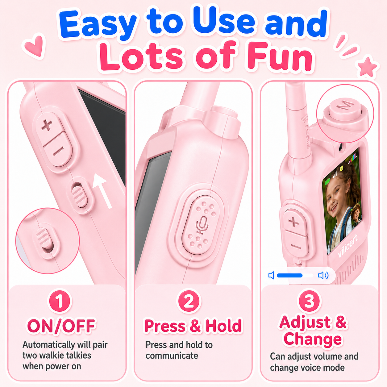 PYROEPLEEA Video Walkie Talkies for Kids 2 Pack, Rechargeable Long Range Two Way Radios with Screen, Camera & Voice Changer, Outdoor Toys, Pink