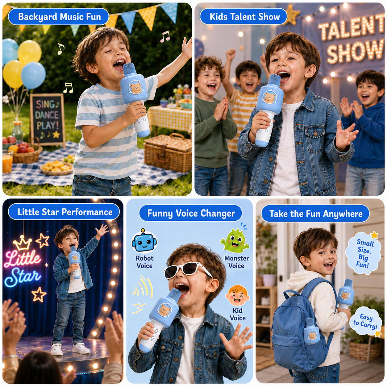 PYROEPLEEA Kids Karaoke Microphone with Bluetooth Speaker, LED Lights & Voice Changer, Portable Singing Toy for Ages 3-12, Blue
